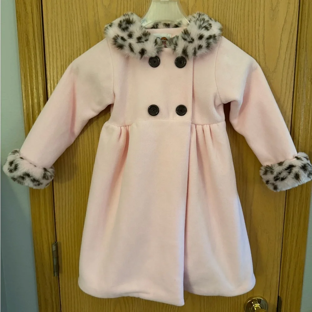 PETES PARTNER Vintage Faux Fur Animal Print Trim Pink Kids Coat with Hat Size 5